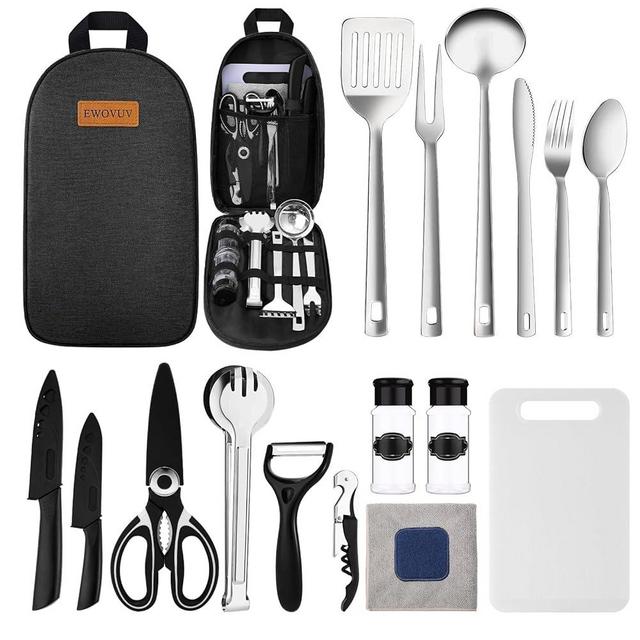 EWOVUV Camping Cooking Utensils Set- Camping Essentials Cookware Accessories Gear Must Haves Camper Tent Camp Kitchen Rv Gadgets Outdoor Stove Portable Picnic Gifts for Women BBQ Stuff