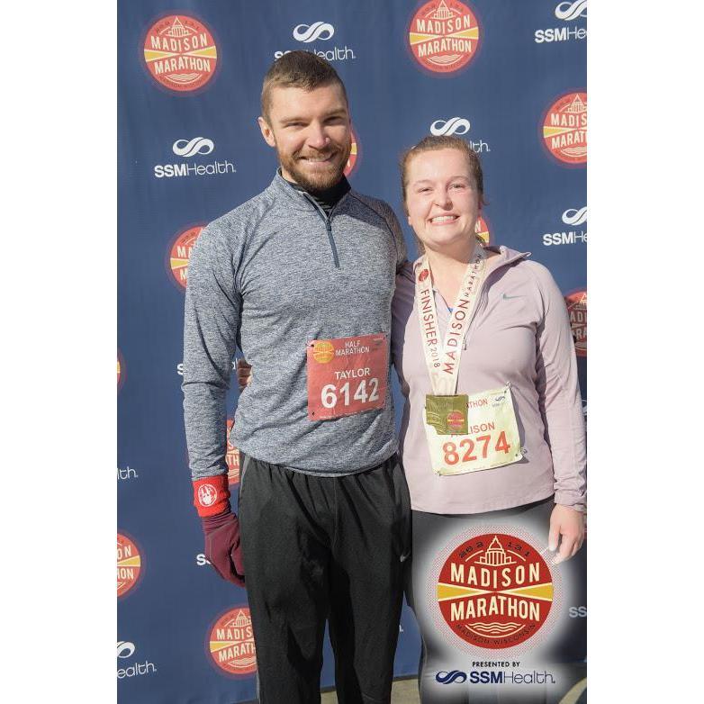 Looking raggedy but happy after running the Madison Marathon (Allison) and Half Marathon (Taylor) in November 2018