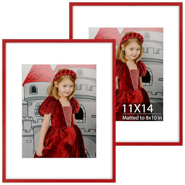 Set of 2 Red 11x14 Aluminum Picture Frames with Mat for 8x10 Photos - Durable HD Plexiglass for Superior Clarity - Versatile Colorful Metal Frames Ideal for Wall Mounting Vertically or Horizontally