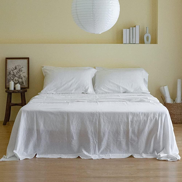 Simple&Opulence Belgian Linen Sheet Set Solid Color - 6 Pieces (1 Flat Sheet & 1 Fitted Sheet & 4 Pillowcases) 16" Deep Pocket Natural Flax Cotton Blended Soft Bedding - White, King Size