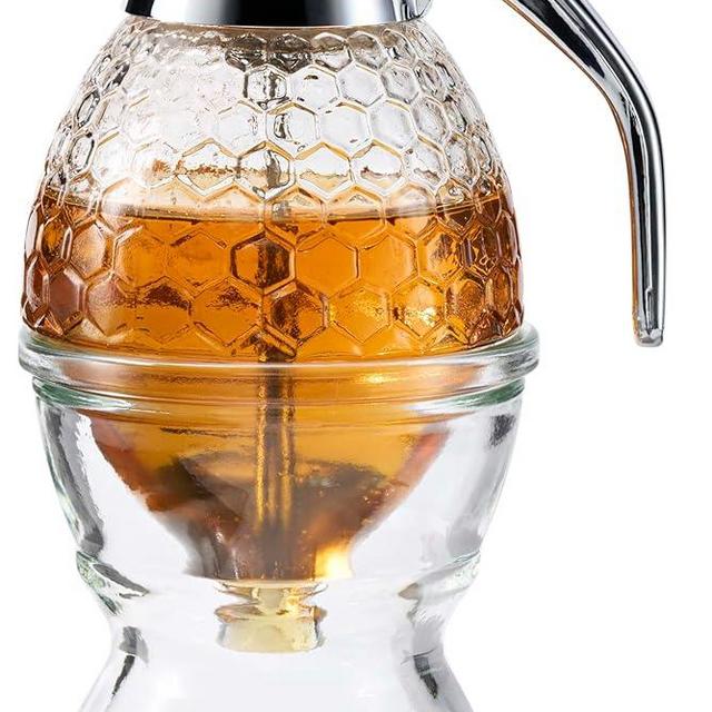 PAULSWAY Glass Honey Dispenser Jar - Sleek Silver Lid, Premium Stainless Steel and Chrome-Plated ABS Design