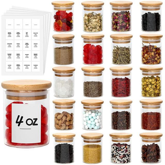 Glass Spice Jars Set, 20 PCS Clear Food Storage Containers with Bamboo Wooden Airtight Lids and Labels for Pantry Kitchen Sugar Salt Coffee Tea Beans