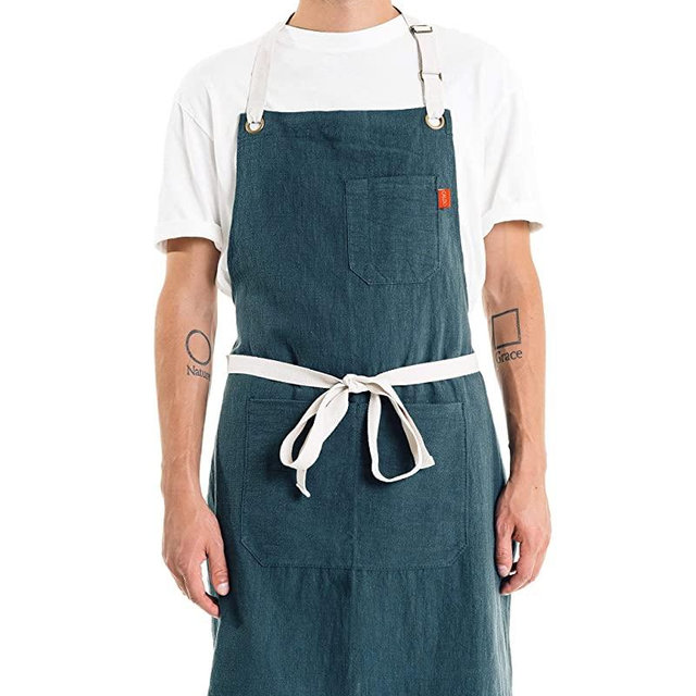 Caldo Linen Kitchen Apron for Cooking - Mens and Womens Linen Bib Apron for Professional Chef, Server, or Barista- Adjustable with Pockets (Spruce)