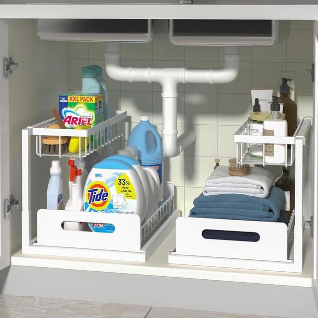 Merrylun Under Sink Organizers, 2 Pack Metal Pull Out Under Sink Organizers and Storage Shelves with Sliding Drawer, Under Sink Storage for Kitchen, Bathroom, White