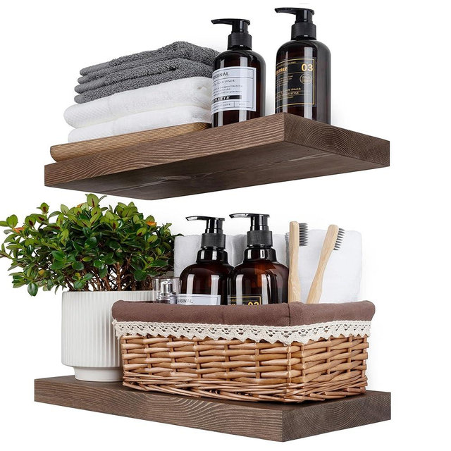 BGMG Wood Floating Shelves 16 inch, Wide Rustic Wooden Wall Shelves for Bathroom Living Room Bedroom Kitchen Farmhouse Set of 2-16x 6.7 x1.25 inch- Walnut Color