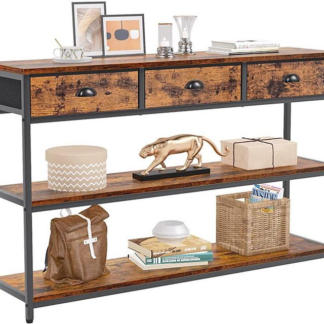 Long 47" Console Table with 3 Drawers, Entryway Table with 3-Tier Storage Shelves, Narrow Sofa Table, Industrial Display Shelf for Entry Way, Hallway, Couch, Living Room, Kitchen, Foyer, Rustic Brown