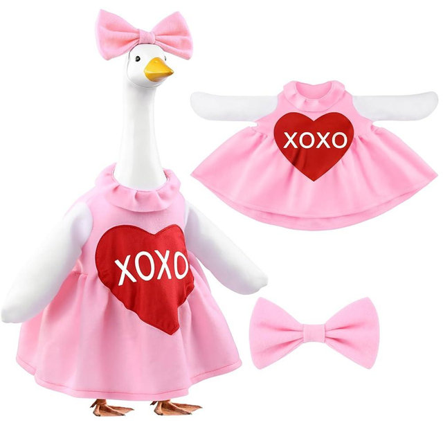 Teeanzo Valentine's Day Goose Outfit for 23" Porch Goose Holiday Pink Red Heart Cloths Costume Valentines Party Outdoor Garden Patio Yard Lawn Art Decoration