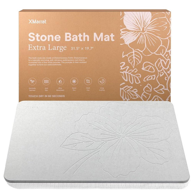 XMarrat Extra Large Stone Bath Mat Large, 31.5'' x 19.7'' Diatomaceous Earth Non-Slip Stone Shower Mat, Super Absorbent Diatomite Stone Mats for Bathroom, Quick Drying, Easy to Clean (Light Gray)