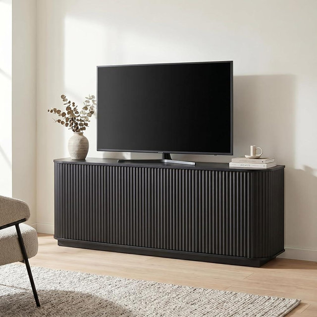 UZUGUL Fluted TV Stand for TVs Up to 75 Inch, Black Mid Century Modern TV Console for Living Room, Entertainment Center with Storage, Wood Media Console Cabinet with Rounded Corner
