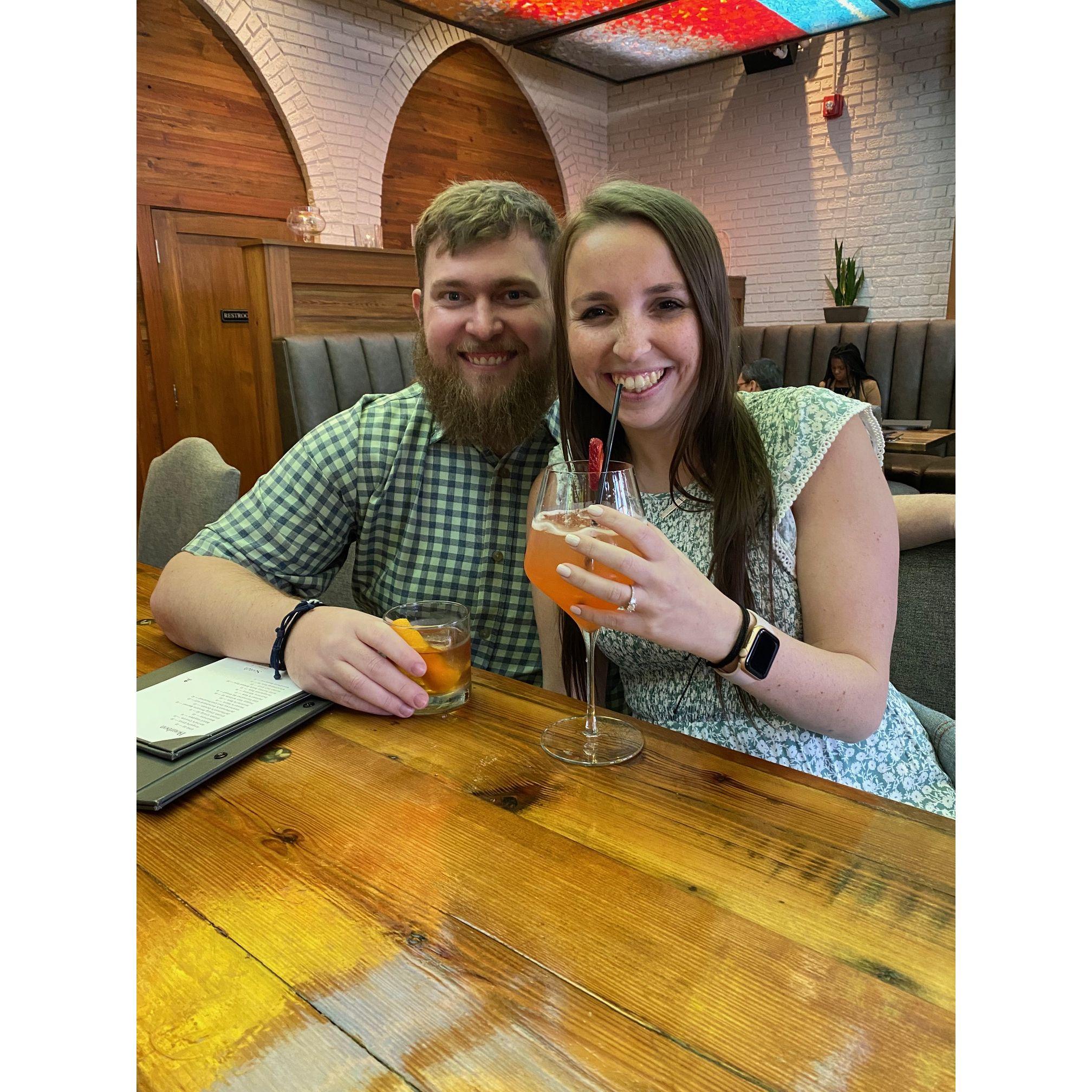 Our first cheers as fiancés in Charleston, South Carolina.