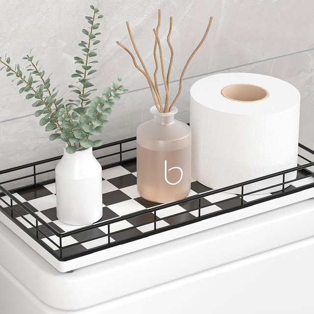 Toilet Paper Basket Organizer – Oak Wood Toilet Tank Tray with Metal Frame, Bathroom Counter Top Storage for Toilet Paper, Wipes & Decor, Modern Narrow Back of Tank Shelf Organizer, Black & White