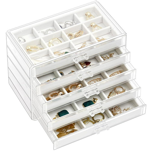 ProCase Earring Holder Organizer Acrylic Earring Box Christmas Gifts for Women Girls, Clear Stackable Large Jewelry Storage Case with Adjustable Velvet Trays on Dresser Vanity -Warmwhite,5 Layers