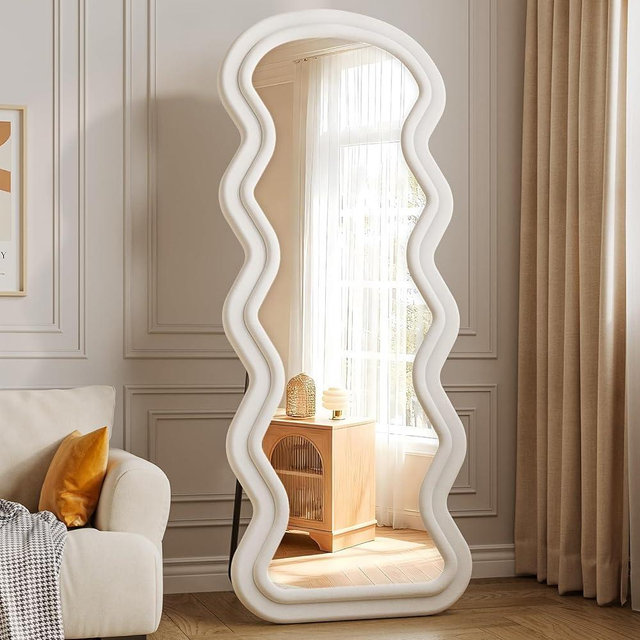 FlyEcho Full Length Mirror, 63"x24" Wavy Full Body Freely Standing Mirrors, Flannel Floor Mirror with Stand for Bedroom, Living Room, Hanging Leaning Wall Mirror Modern Home Decor