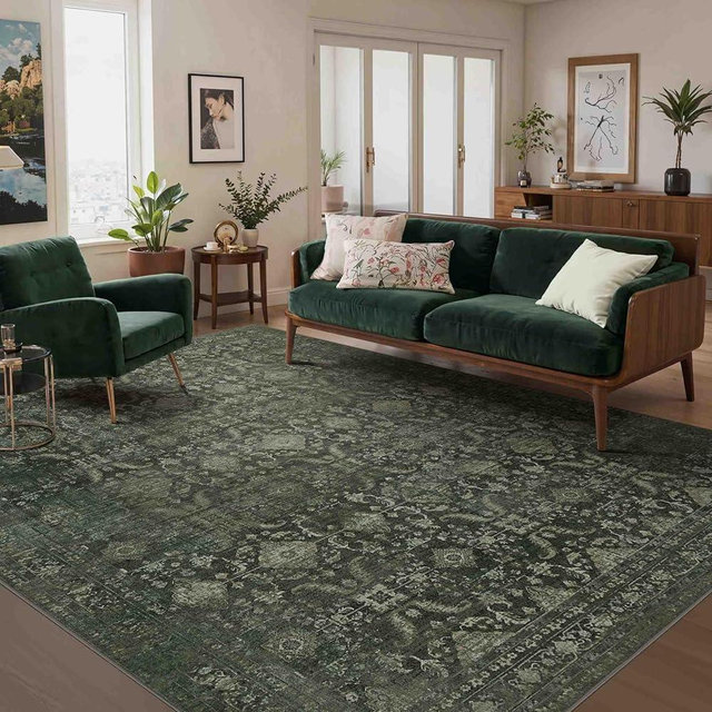 Rugxara 5x7 Area Rugs for Living Room Bedroom, Washable Rug, Green Vintage Floral Boho Rug, Non Slip & Low Pile Faux Wool Thin Carpet for Indoor Dining Room and Kids Room(Green 5x7ft)