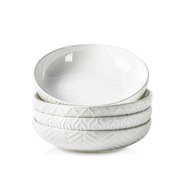 Sureasy Ceramic Pasta Bowls, 30oz Large Salad Bowl, 8.5 inch Embossed Serving Bowl for Kitchen, Wide and Shallow Plates Bowls Set of 4, Microwave, Oven and Dishwasher Safe, Gifts, White