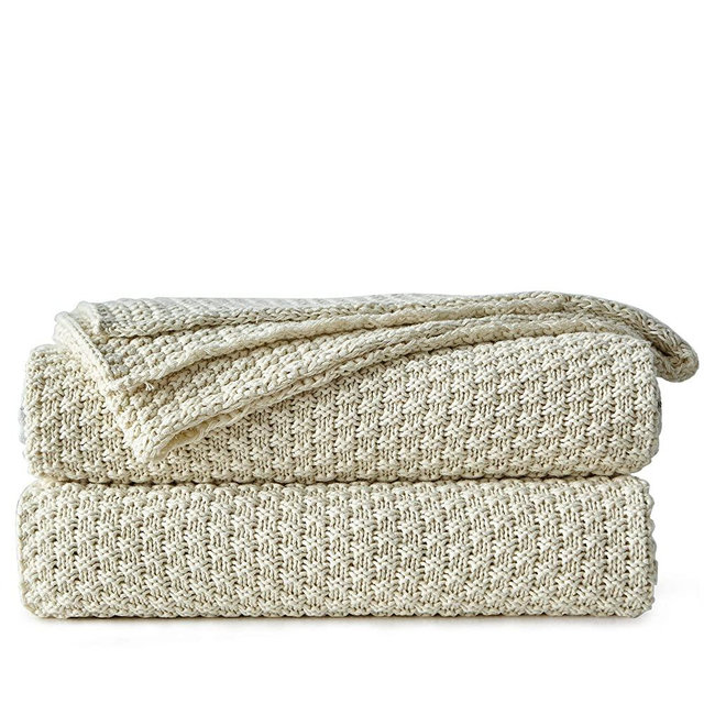 Longhui bedding Cream Knitted Throw Blanket for Couch - Soft, Cozy Machine Washable 100% Cotton Sofa Knit Blankets, Heavy 3.0lb Weight, 50 x 63 Inches, Beige Color