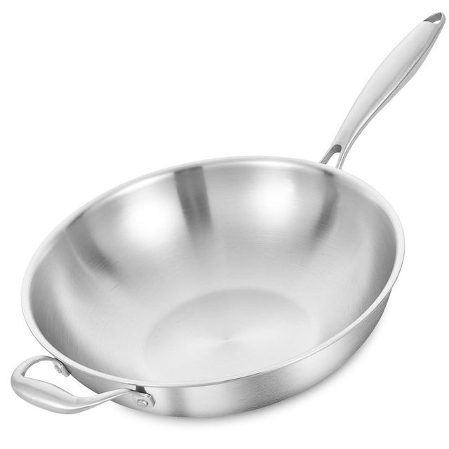 LOLYKITCH 14 Inch Tri-Ply Stainless Steel Wok Pan, Stir-Frying Pan,Induction Cooking Pan,Dishwasher and Oven Safe,Heavy Duty and Detachable Handle.