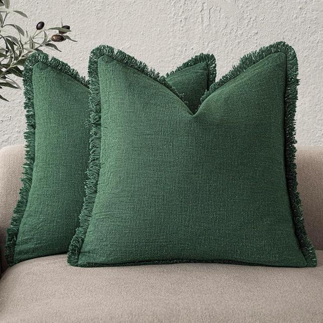 Foindtower Set of 2 Decorative Linen Fringe Throw Pillow Covers Cozy Boho Farmhouse Cushion Cover with Tassels Soft Accent Pillowcase for Couch Sofa Bed Living Room Home Decor, 22×22 Inch, Pine Green