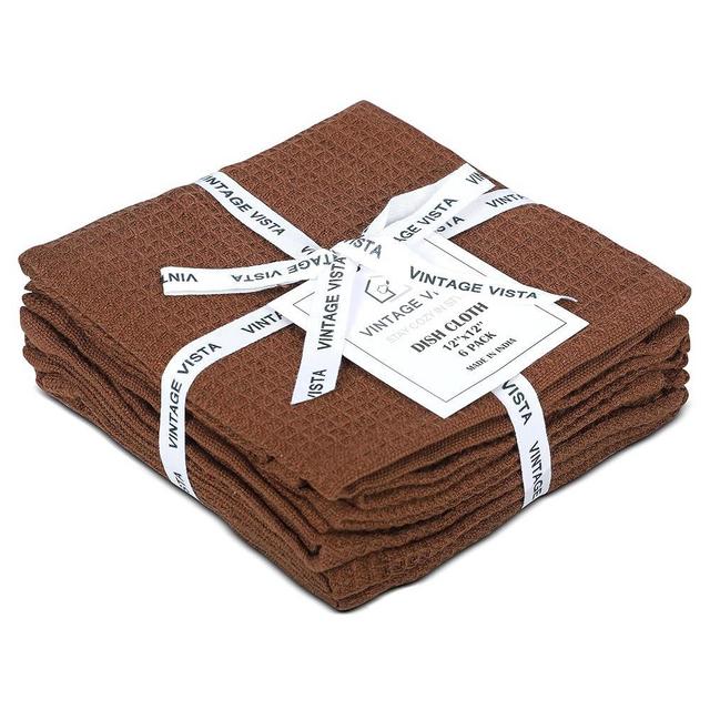 Vintage Vista 100% Cotton Waffle Dish Cloths (Pack of 6) - Dish Rags for Washing Dishes - Reusable & Highly Absorbent Kitchen Towels - Kitchen Rags for Christmas - (12" x 12" - Brown)