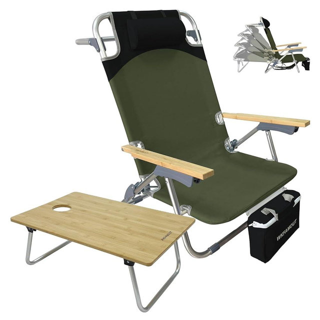 WKFAMOUT Folding Backpack Beach Chair Aluminum 5-Position with Samll Camping Table Bamboo Lay Flat Lounge Chair Outdoor for Adults with Insulated Cooler Bag