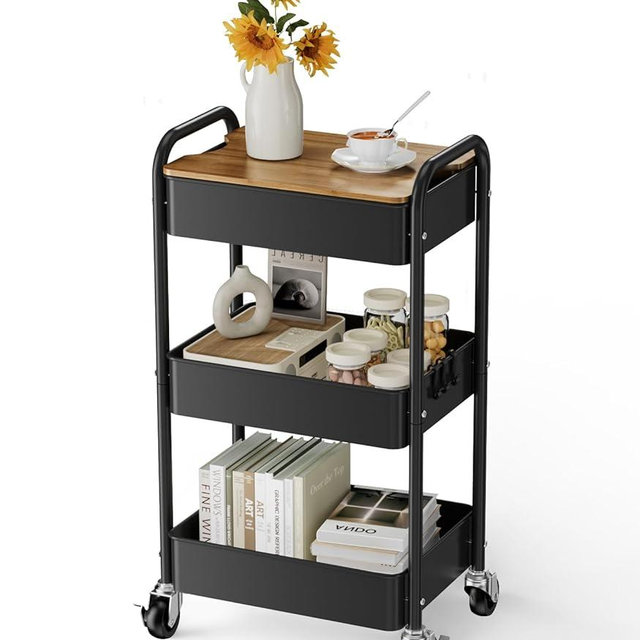 johgee 3 Tier Rolling Cart with Table top, Metal Utility Cart, Sturdy Storage Organizer Cart with Locking Wheels & Hooks for Office, Classroom, Kitchen and Bathroom