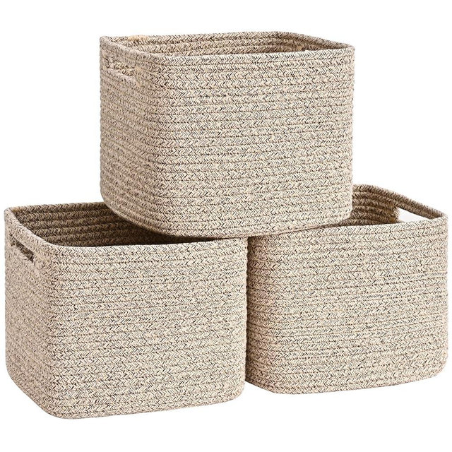 Degeyoyo 3 Pack Cube Storage Bin, 9”x9”x7” Cotton Rope Woven Baskets for Organizing Toys Clothes Towels, Square Gift Storage Baskets for Shelf, Nursery, Closet, Bathroom, Pantry (Jute)