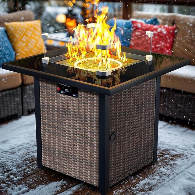 Propane Fire Pit Table, Outdoor Fire Pit Table, 28" Rattan Square Outdoor Gas FirePit with Glass Wind Guard, Tempered Glass Tabletop, Lid, CSA Listed, 50,000 BTU, Outside Patio Deck & Garden, Brown