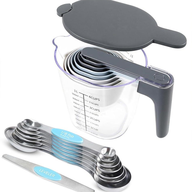 Recogwood 18 Pieces Measuring Cups and Spoons set, Includes 10 Stackable Measuring Cup with Lid and 8 Magnetic Measuring Spoons Set for Liquid and Dry, BPA Free (Blue)
