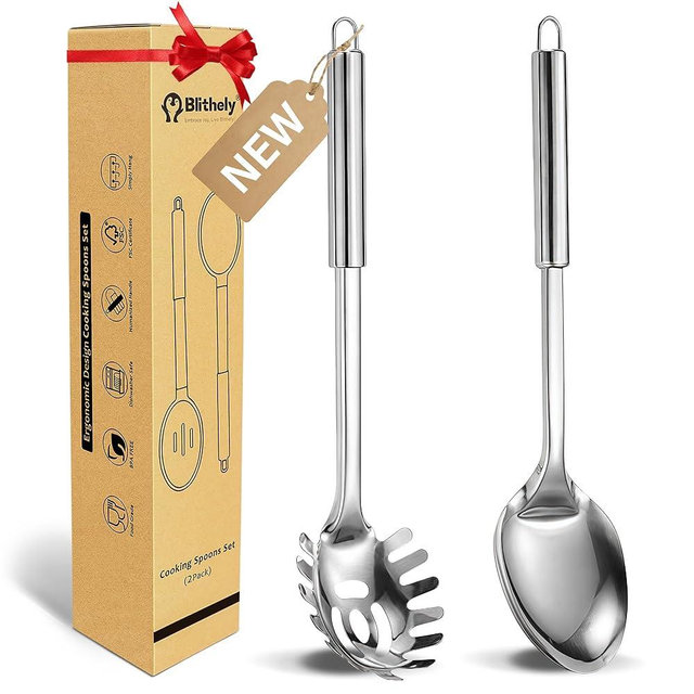 Blithely 2 Pack Stainless Steel Serving Spoon, Heat Resistant Kitchen Noodle Spoon for Cooking, Serving, Mixing and Spaghetti