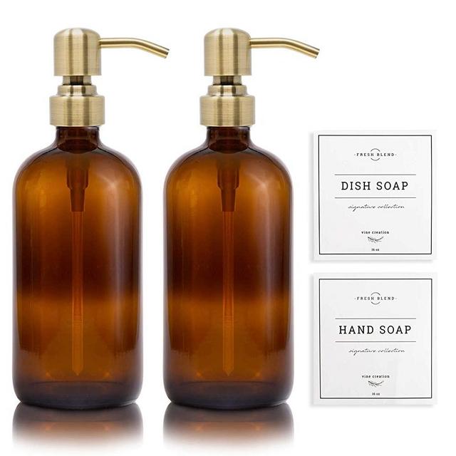 Vine Creations Amber Glass Soap Dispenser 2 Pack, Thick 16oz Bottles Rustproof Stainless Steel Pump, Modern Farmhouse Vintage Jar, Bathroom Kitchen Accessories, with Waterproof Labels (Brushed Gold)