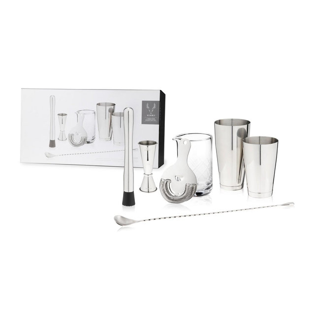 Viski Metallic Cocktail Shaker Set 7pcs Kit | Drink Mixers for Cocktails: Tin Shaker, Mixing Glass, Hawthorne Strainer, Muddler and Barspoon, Silver