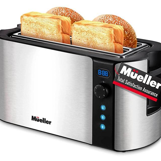 Mueller UltraToast, Toaster 4 Slice, Long Wide Slots with Built-In Warming Rack, Removable Tray, Cancel/Defrost/Reheat Functions, Stainless Steel, 6 Browning Levels with LCD Countdown Timer