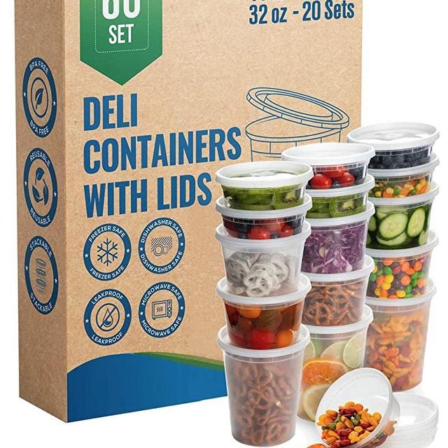 Safeware 8, 16, 32 Oz [60 Sets] Deli Plastic Food Containers with Airtight Lids, Leakproof Slime Small Combo Pack [Reusable, Storage, Disposable, Meal Prep, Soup, Microwaveable & Freezer Safe]