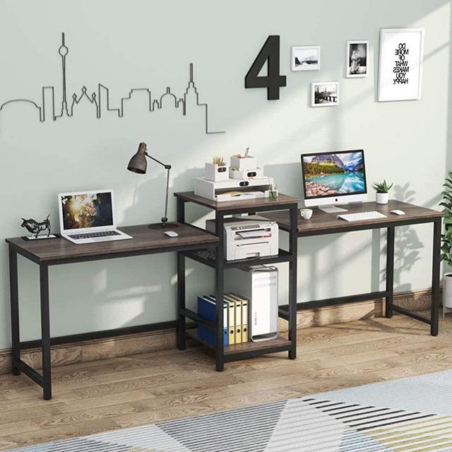 Tribesigns 96.9" Double Computer Desk with Printer Shelf, Extra Long Two Person Desk Workstation with Storage Shelves, Large Office Desk Study Writing Table for Home Office, Vintage Walnut