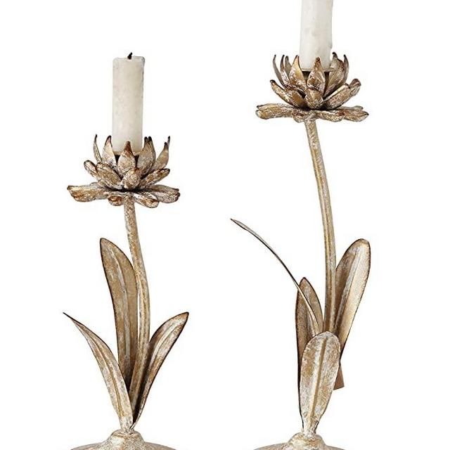 Creative Co-Op Cut Metal Flower Shaped Taper Distressed Gold Finish (Set of 2 Sizes) Candle Holder