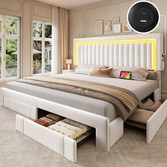 YITAHOME King Size Bed Frame with Velvet Vertical Tufted Upholstered Adjustable Headboard, 4 Storage Drawers, RGB LED Lights and USB Ports, No Box Spring Needed, Fast Assembly, Noise-Free, White