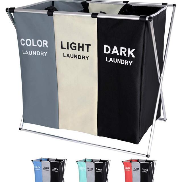 Laundry Sorter Basket Foldable 3 Sections (White+Grey+Black)
