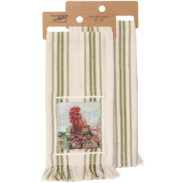 Primitives by Kathy Floral Chicken Kitchen Towel, 28 x 20-inch, Stitched Art Panel Cotton Dish Towel with Frayed Edge & Green Stripe - Coordinate with Our Other Spring Farmhouse Decor