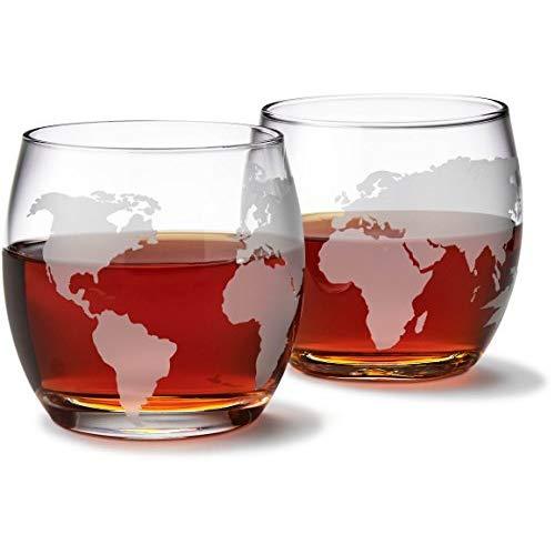 Etched Globe Whiskey Glasses 12 oz -Set of 2