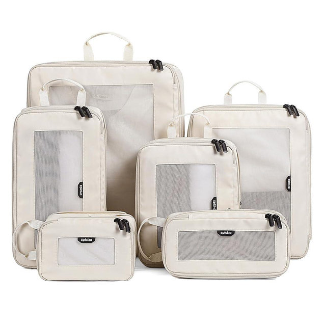 EPICKA TripCozy Compression Packing Cubes - 6 Set Durable Travel Organizer Bags with Mesh Top, Expandable Travel Accessories for Carry on, Luggage, Suitcase, Backpack (Beige)