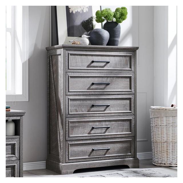 46" Farmhouse 5 Drawers Dresser for Bedroom, Tall Wood Chest of Drawers with Natural Texture for Bedroom, Living Room, Gray