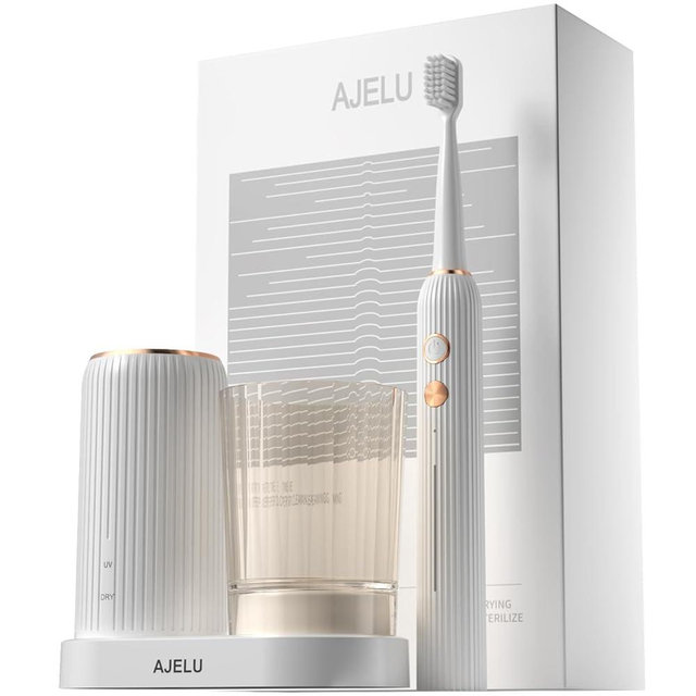 AJELU Electric Toothbrush Set with Drying & Sanitizing Holder, 8 Replacement Brush Heads, Transparent Rinse Cup, Smart Timer, USB Rechargeable for Adults