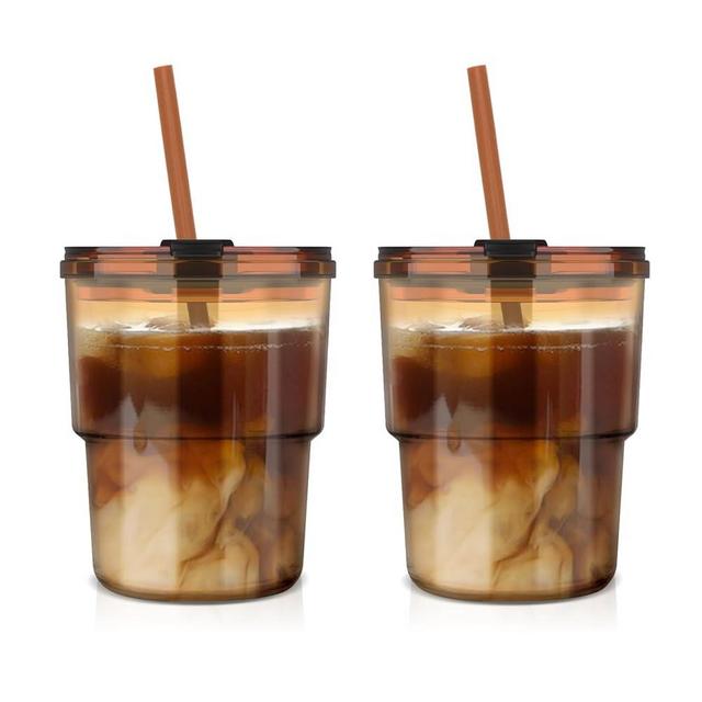 Luxfuel 13oz Tumbler Water Glass with Straw and Lid, 2 Pack Glass Coffee Cups gifts for women, Sealed Carry-On Glass Water Cup,Iced Tea, for Travel,Home, Office, Party, Camping and Outdoor (Coffee)