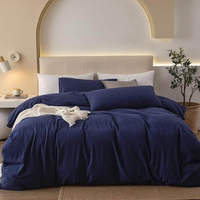 JIYUAN 100% Washed Cotton Duvet Cover Set Comfy Simple Style Soft Breathable Textured Durable Linen Feel Bedding for All Seasons King, Solid Navy Blue
