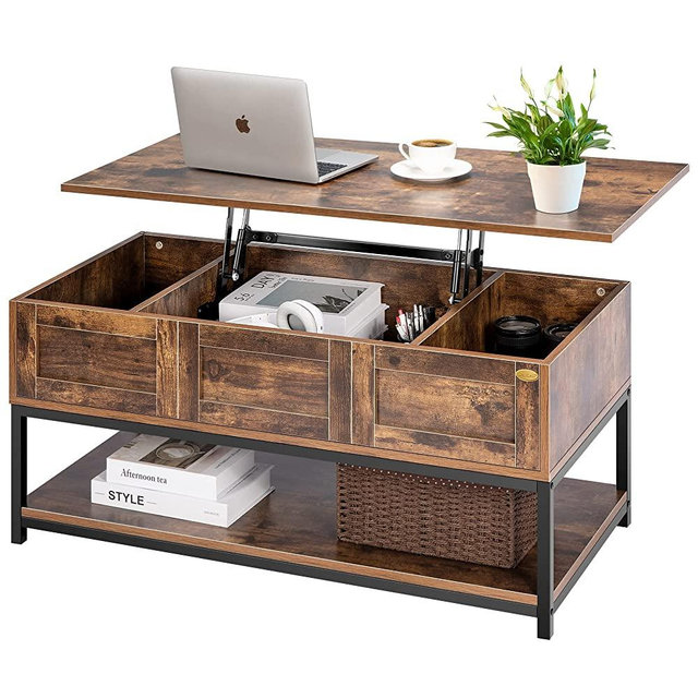 VIVOHOME Lift Top Coffee Table with Steel Frame, Dining Table with Open Storage and Hidden Compartment, Suitable for Living Room, Office, Small Apartment, Rustic Brown