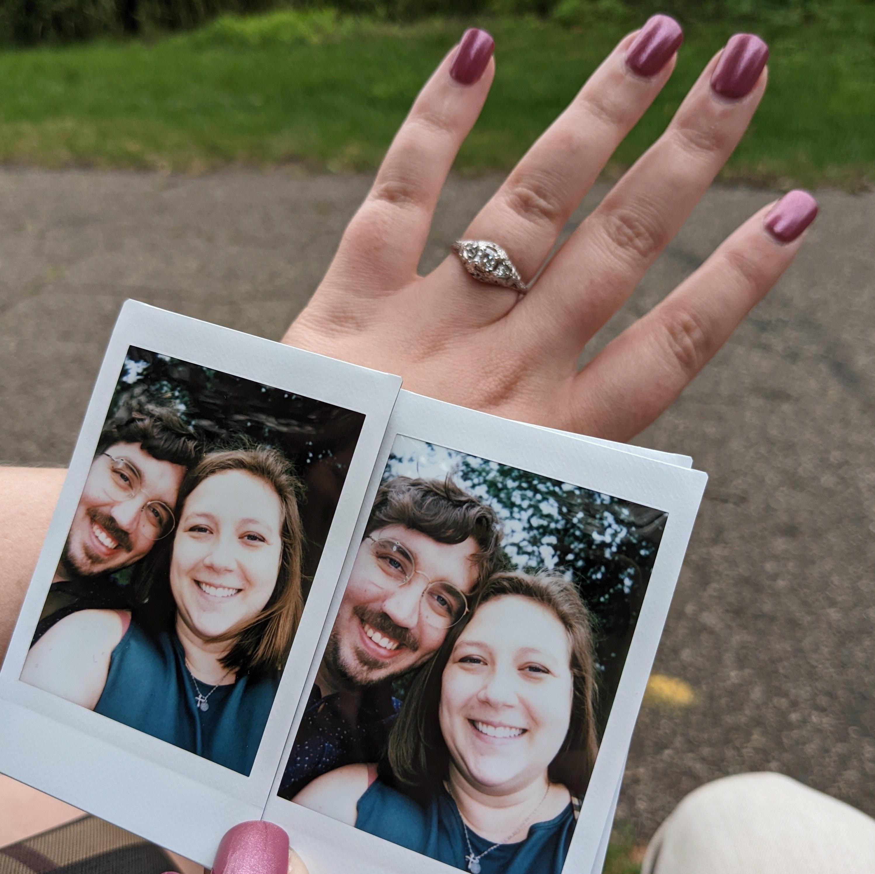 While they were sitting on the bench, they talked about how happy they were together. Then Ian got down on one knee, pulled out a ring and asked her to marry him. She happily said yes!