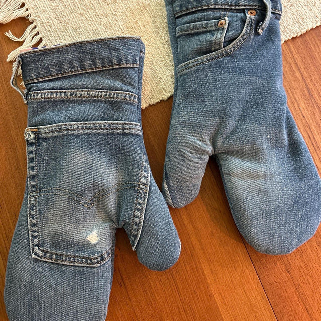 oven mitt pair brand watch pocket - regular size upcycled denim- front pocket, back pocket, right or left