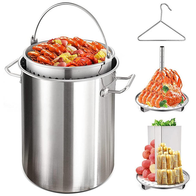ARC 32QT Stainless Steel Stockpot For Seafood Boil Crawfish Boil Pot,Crab Boil Shrimp Boil Turkey Fryer Pot with Basket Divider and Hook, Lobster Tamale Steamer Pot Outdoor Cooking And Home Brewing