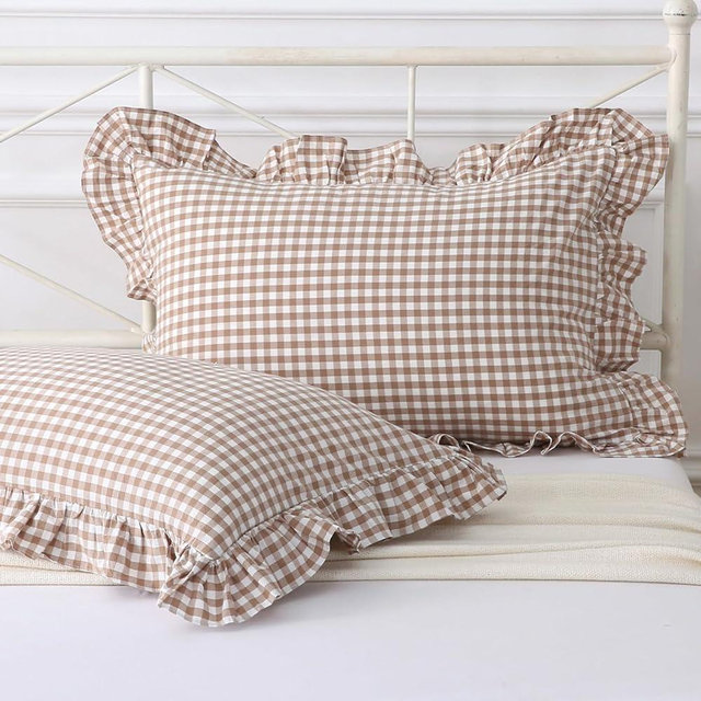 Silnuo Taupe/White Plaid Pillow Shams King Size Set of 2, Washed Cotton Shabby Checkered Gingham Bed Pillow Covers 20"x36"