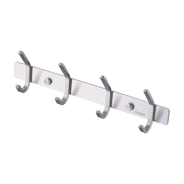 KES SUS 304 Stainless Steel Towel/Coat Hook Rack Rail Shelf with 4 Hooks Robe Hanger Bathroom Storage Organizer Wall Mount Brushed Finish, AH203H4-2